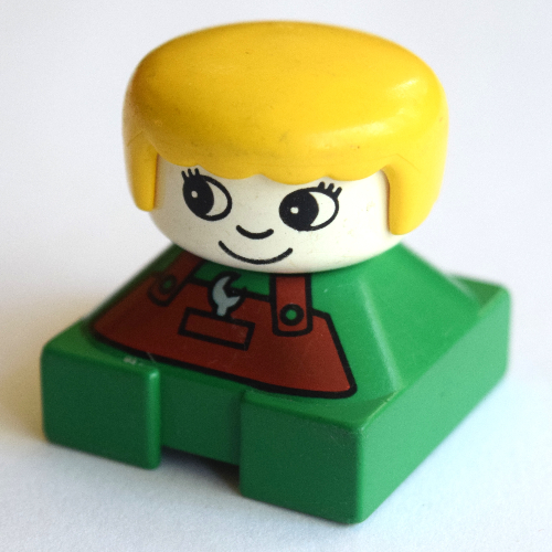 Duplo 2 x 2 x 2 Figure Brick, Rounded Bangs, White Head, Yellow Hair, Brown Apron with Spanner and Pocket, Round Eyes and Eyelashes Print (2327c02pr0003)