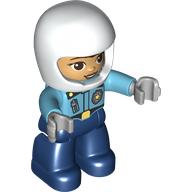 Duplo Figure with Helmet White, Dark Blue Legs, Police Shirt with Badge and Zipper, Warm Tan Face Print (23973pr9998)