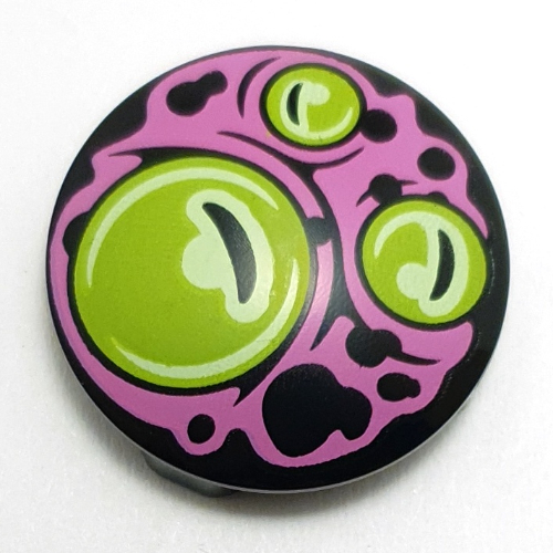 Plate Round 2 x 2 with Rounded Bottom [Boat Stud] with Lime Alien Eyes, Dark Pink Swirls print (2654pr0030)
