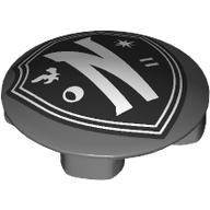 Plate Round 2 x 2 with Rounded Bottom with White 'N:, Raven, Moon, Star, = on Black Shield, White Border print (2654pr0032)