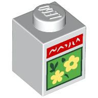 Brick 1 x 1 with White Scribbling On Red Rectangle, Bright Light Yellow Flowers in Bright Green Square print (3005pr0039)