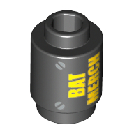 Brick Round 1 x 1 Open Stud with Yellow 'BAT MERCH' and Silver Screws Print (3062bpr0008)