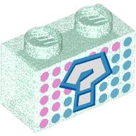 Brick 1 x 2 without Bottom Tube with Dark Azure '?', Dark Pink/Dark Turquoise Dots print (3065pr0005)
