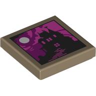 Tile 2 x 2 with Black House Silhouette, Dark Purple/Dark Pink Sky, Moon print (3068bpr9307)