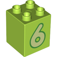 Duplo Brick 2 x 2 x 2 with Yellowish Green '6' Print (31110pr0152)