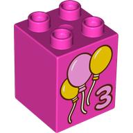 Duplo Brick 2 x 2 x 2 with '3', Bright Pink/Yellow Balloons print (31110pr0171)