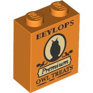 Brick 1 x 2 x 2 with Inside Stud Holder with 'EEYLOPS Premium Owl Treats' print (3245cpr0239)