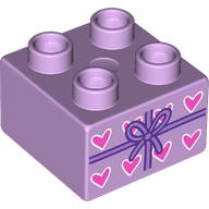 Duplo Brick 2 x 2 with Medium Lavender Bow, Hearts print (3437pr9977)