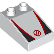 Duplo Brick 3 x 2 Slope 33° with Black and Red Panels, Red 'H' in Circle Print (35114pr0010)