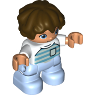 Duplo Figure Child with Short Wavy Hair Dark Brown, with Bright Light Blue Legs, Shirt with Azure and Aqua Stripes and Pocket Print (38909pr0044)