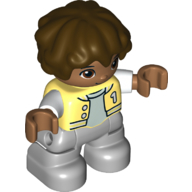 Duplo Figure Child with Short Wavy Hair Dark Brown, Light Bluish Gray Legs, Letterman Jacket Print (38909pr0057)