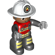 Duplo Figure with Helmet White, Black Legs, Safety Jacket with Reflective Stripes, Green Eyes, Stubble Print (Firefighter) (41160pr9999)