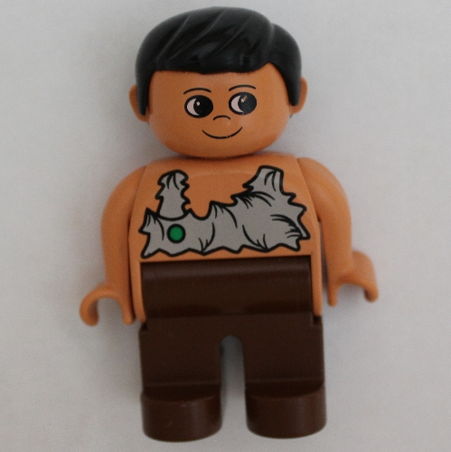 Duplo Figure, Early, with Short Parted Hair Black, Brown Legs, Rag Shirt with Green Spot Print (Caveman) (4555c01pr0024)