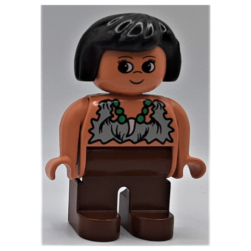 Duplo Figure, Early, Hair Bob Black, Brown Legs, Rag Shirt, Eyelashes with Necklace Print (Caveman) (4555c03pr0015)