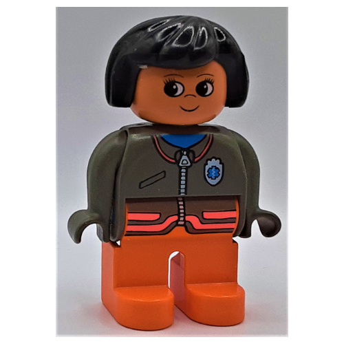 Duplo Figure, Early, Hair Bob Black, Orange Legs, Jacket with Zipper and EMT Star of Life Badge Print (4555c03pr0042)