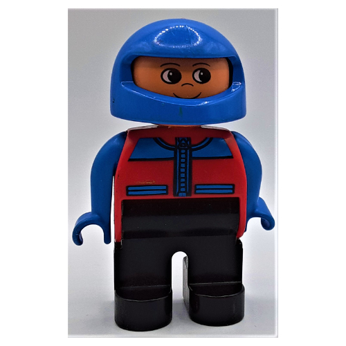 Duplo Figure, Early, Helmet Blue, Black Legs, Blue Arms, Jacket with Zipper, Pockets, and Blue Shoulders Print (4555c06pr0001)