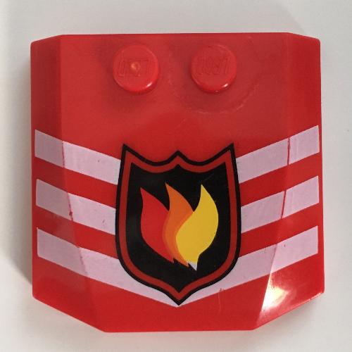 Slope Curved 4 x 4 x 2/3 Triple Curved with 2 Studs and Fire Logo Badge and 3 White Chevrons Print (45677pr0016)