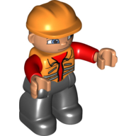 Duplo Figure with Construction Helmet Orange, with Orange Vest over Red Long Sleeve Shirt, Black Legs (47202pr0001)