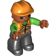 Duplo Figure with Construction Helmet Orange, with Orange Vest over Green Shirt, Medium Nougat Face and Hands, and Black Legs (47202pr0002)