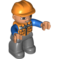 Duplo Figure with Construction Helmet Orange, with Orange Vest over Blue Long Sleeve Shirt, Nougat Face and Hands, and Dark Bluish Gray Legs (47202pr9999)