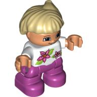 Duplo Figure Child with Side Ponytail, with Magenta Legs, White Top with Two Flowers, White Arms, Tan Hair with Side Ponytail (47219pr0002)