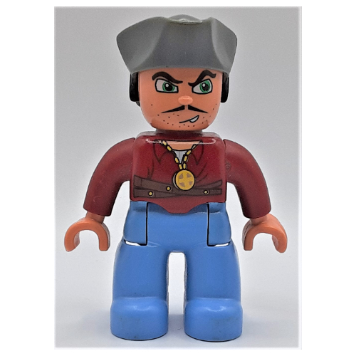 Duplo Figure with Pirate Hat, Medium Blue Legs, Medallion, Moustache Print (47394pr0001)