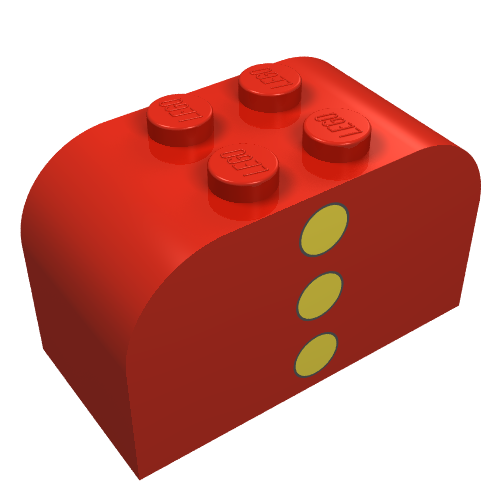 Brick Curved 2 x 4 x 2 Double with 3 Yellow Dots Print (4744pr0042)