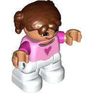 Duplo Figure Child with Pigtails Reddish Brown, with Bright Pink Top with Dark Pink Heart and Sleeves - White Legs (47510c01pr0003)