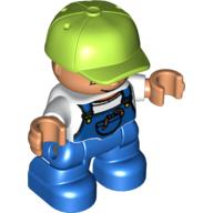 Duplo Figure Child with Cap Lime, with White Shirt under Blue Coveralls with worms in Pocket - Blue Legs (47511pr0001)