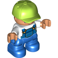 Duplo Figure Child with Cap Lime, with White Shirt under Blue Coveralls with Pocket - Freckles - Blue Legs (47511pr0003)