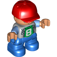 Duplo Figure Child with Cap Red, with Light Bluish Gray Top with Medium Blue Sleeves over Green Shirt with '8' - Nougat Face and Hands - Blue Legs (47511pr0004)
