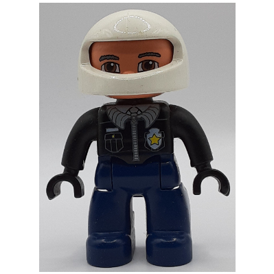 Duplo Figure with Helmet White, with Dark Blue Legs, Black Top with Police Badge, Black Arms and Hands (47515pr0003)