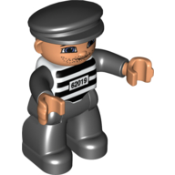 Duplo Figure with Cap Black, with Black Legs, Black and White Striped Top with '62019', Black Arms (Prisoner) (48842pr0001)