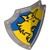 Duplo Shield, Angled Triangle with Lion Looking Left and Crown on Yellow and Blue Background Print (51711pr0004)