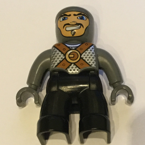Duplo Figure with Rounded Head with Black Legs, Dark Bluish Gray Chest with Brown Belts, Dark Bluish Gray Arms, Dark Bluish Gray Hands (51741pr0008)
