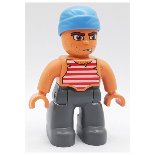 Duplo Figure Pirate with Head Wrap, Dark Bluish Gray Legs, Red and White Striped Vest Print (55837pr0001)
