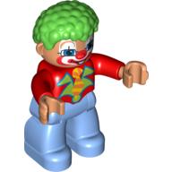 Duplo Figure with Clown Hair Green, with Painted Face, Notched Lapels, and Medium Blue Legs (62835pr0002)