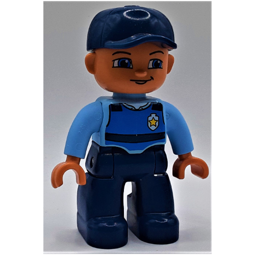 Duplo Figure with Cap Dark Blue, with Dark Blue Legs, Life Jacket and Police Badge Print (63710pr0004)