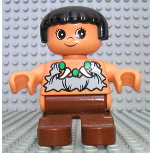 Duplo Figure, Early Child, Straight Hair Black, Brown Legs, Rag Shirt, Bead and Tooth Necklace Print (Caveman) (6453c05pr0001)