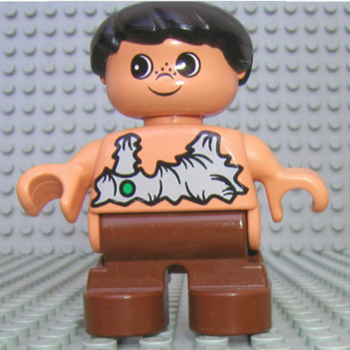 Duplo Figure, Early Child, Hair Swept Left Black, Brown Legs, Rag Shirt with Green Spot, Freckles Print (Caveman) (6453c06pr0004)
