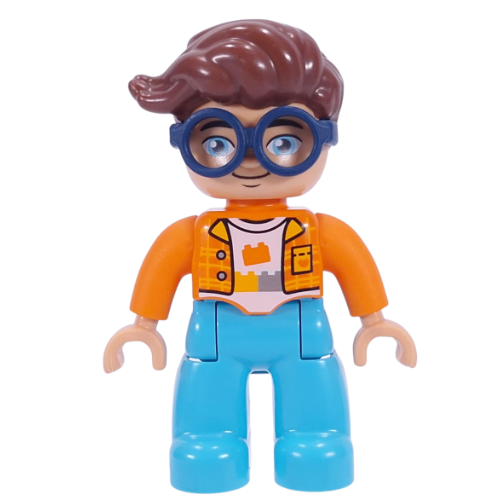 Duplo Figure with Hair Swept Right Reddish Brown, Dark Blue Glasses, with Medium Azure Legs, Shirt Print (65242c01pr0001)