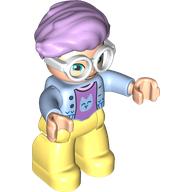 Duplo Figure with Hair Swept Right Lavender, with Bright Light Yellow Legs, Magenta Shirt with Cat Head Print, White Glasses (65242c01pr9999)