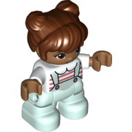 Duplo Figure Child with Two Buns on Top and Long Bangs Reddish Brown, with Light Aqua Legs, Pink and White Strips on Shirt Print (65245pr0037)