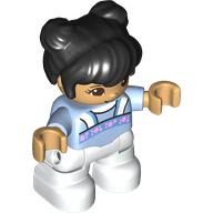 Duplo Figure Child with Two Buns on Top and Long Bangs Black, White Legs, Pink Flowers Print (65245pr0065)