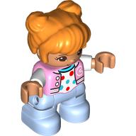 Duplo Figure Child with Two Buns on Top and Long Bangs Orange, Bright Light Blue Legs, White Shirt with Red Spots Print (65245pr0078)