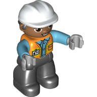 Duplo Figure with Hard Hat and Hair, Black Legs, Safety Vest (68774pr0001)