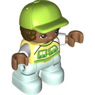 Duplo Figure Child with Hair and Cap Lime, Light Aqua Legs, Bright Light Yellow Shirt Print (69711pr0004)