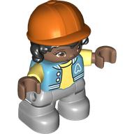 Duplo Figure Child with Hair and Riding Helmet Orange, Bright Bluish Grey Legs, Medium Blue Jacket print (69713pr0082)