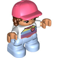 Duplo Figure Child with Long Hair and Cap Coral, Bright Light Blue Legs, Striped Shirt with Heart Print (72152pr0058)