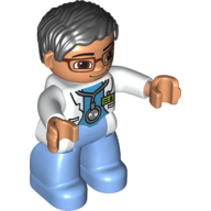 Duplo Figure with Parted Wavy Hair Black, with Glasses, Medic with Medium Blue Legs, Lab Coat and Stethoscope Print (75115pr0015)